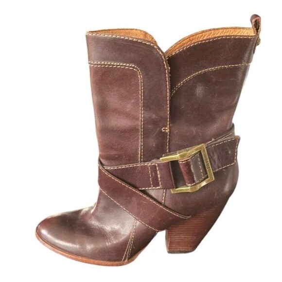 Frye Womens Andrea Ankle Boots Women's 6M Mid Brown Leather Buckle Heeled - Picture 1 of 7
